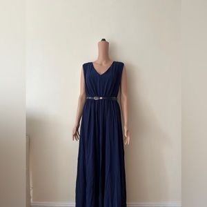 Brand new women’s v-neck ruched waist long maxi evening blue dress with belt, L